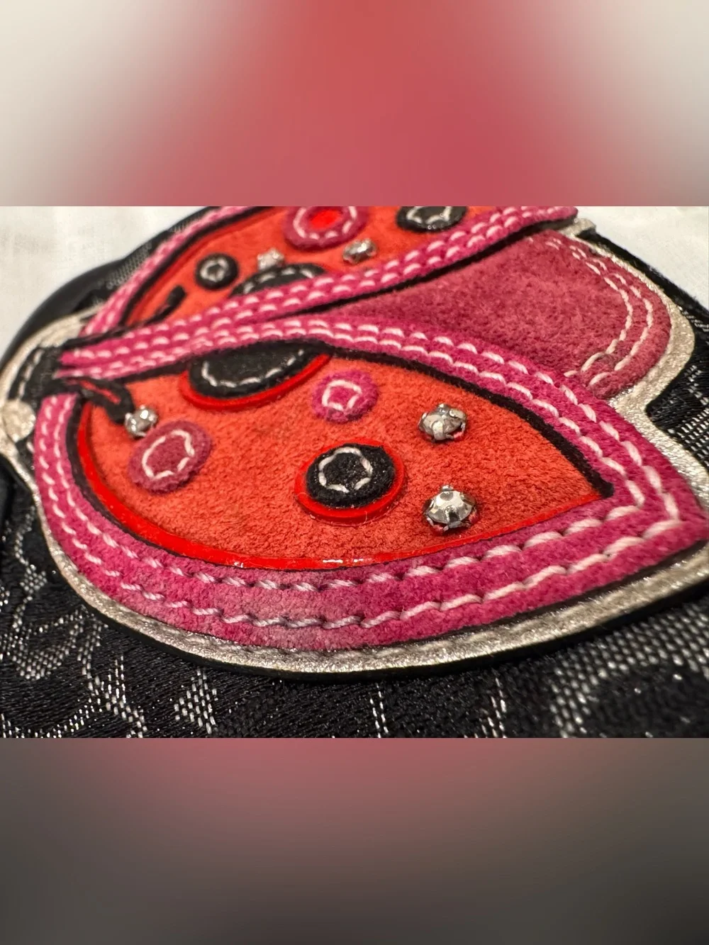Coach Ladybug Embroidered Signature & Suede Lurex Kisslock Coin Pouch 💎 🐞